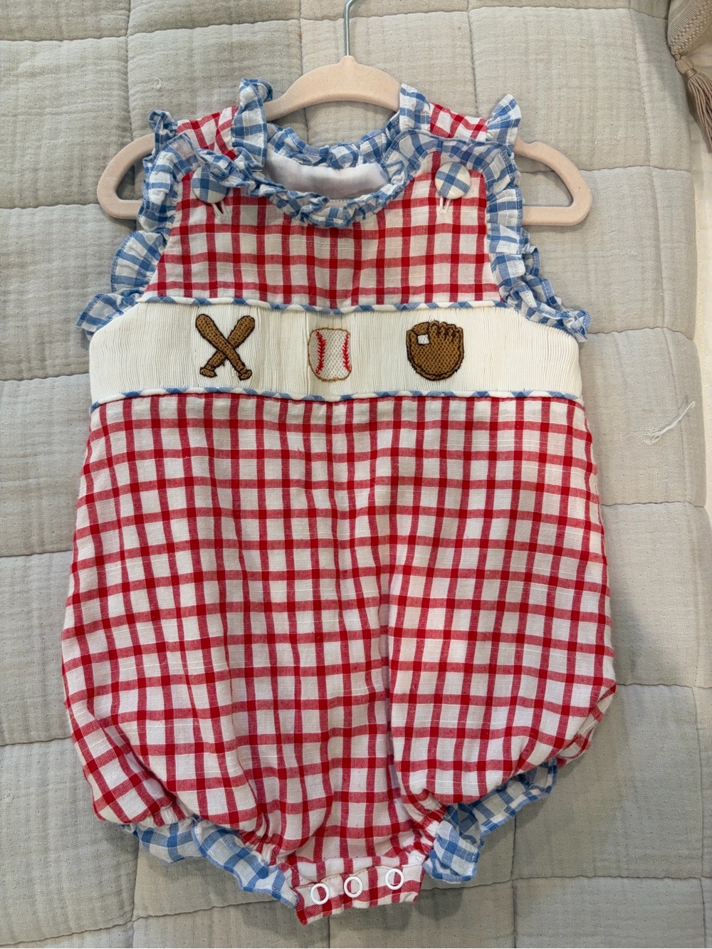 Red & White Check Baseball Smocked Baby Romper